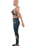 Deep Blue Sexy Print Tassel Patchwork Frenulum Backless Halter Sleeveless Two Pieces