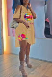 Yellow Casual Print High Opening O Neck Short Sleeve Two Pieces