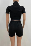 Pink Casual Solid Patchwork Zipper Turndown Collar Short Sleeve Two Pieces