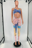 Pink Fashion Sexy Print Backless Strap Design Spaghetti Strap Sleeveless Two Pieces