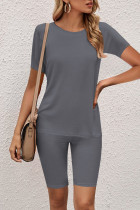 Grey Casual Solid O Neck Short Sleeve Two Pieces