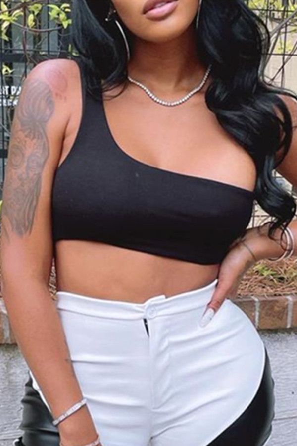 Black Sexy Casual Solid Backless One Shoulder Tops