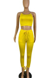 Yellow Sexy Solid Patchwork Draw String Spaghetti Strap Sleeveless Two Pieces