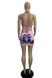 Pink Sexy Print Hollowed Out Patchwork Swimwears
