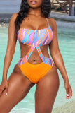 Yellow Sexy Print Hollowed Out Patchwork Swimwears