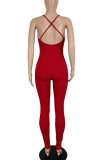 Burgundy Casual Solid Patchwork Spaghetti Strap Skinny Jumpsuits