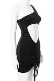 Black Sexy Solid Hollowed Out Patchwork Draw String Fold Oblique Collar Pencil Skirt Dresses