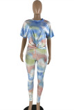 Multicolor Fashion Casual Print Tie Dye Basic O Neck Short Sleeve Two Pieces