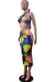 Yellow Sexy Print Hollowed Out Halter Sleeveless Two Pieces
