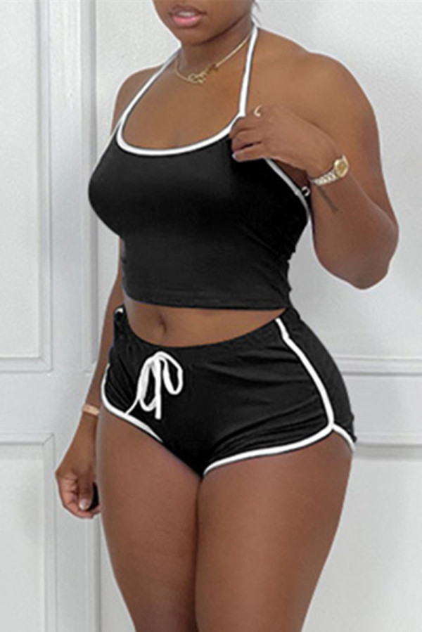 Black Sexy Sportswear Solid Backless Halter Sleeveless Two Pieces