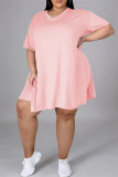 Pink Fashion Casual Solid Slit V Neck Tops Plus Size Two-piece Set