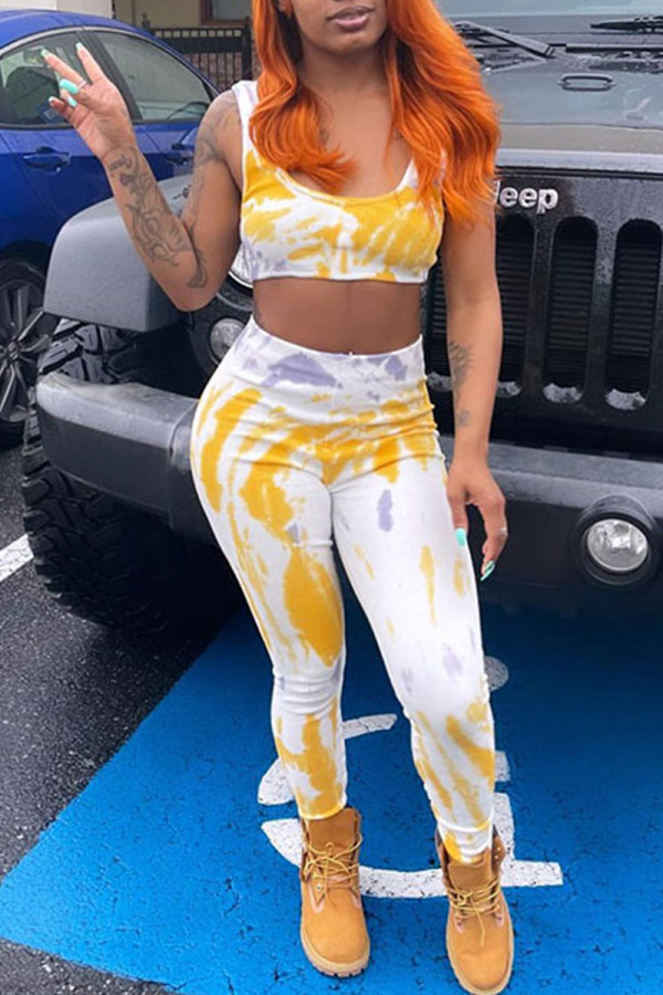 Yellow Fashion Casual Print Tie Dye Vests Pants U Neck Sleeveless Two Pieces