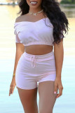 Pink Fashion Casual Solid Basic V Neck Short Sleeve Two Pieces