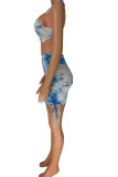 Blue Sexy Print Patchwork Frenulum Halter Sleeveless Two Pieces