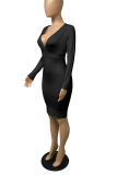 Color Blue Sexy Solid Patchwork V Neck Pencil Skirt Dresses