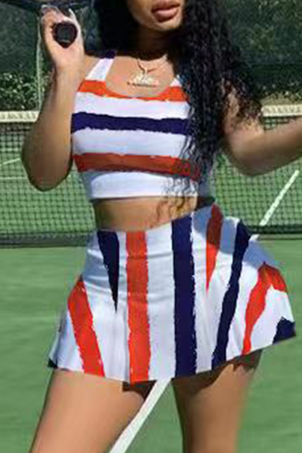 White Casual Sportswear Print Vests U Neck Sleeveless Two Pieces