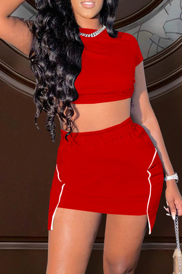 Red Fashion Casual Solid Asymmetrical O Neck Short Sleeve Two Pieces