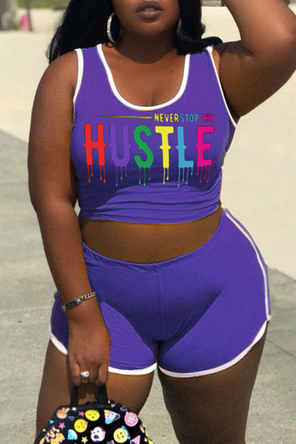 Purple Fashion Casual Letter Print Vests U Neck Sleeveless Two Pieces