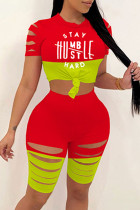 Red Fashion Casual Letter Print Ripped Split Joint O Neck Short Sleeve Two Pieces