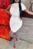 Light Blue Fashion Sexy Solid Hollowed Out See-through O Neck Short Sleeve Two Pieces