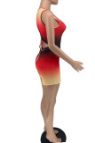 Red Black Sexy Gradual Change Patchwork Draw String Printing V Neck Skinny Rompers