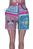Light Blue Fashion Casual Print Basic Regular High Waist Shorts