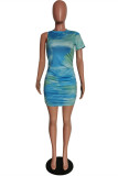 Light Blue Fashion Casual Tie Dye Printing O Neck Short Sleeve Dress