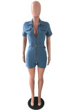 Baby Blue Fashion Casual Solid Pocket Zipper Collar Regular Denim Romper