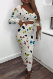 Multi-color Casual Print Patchwork V Neck Long Sleeve Two Pieces
