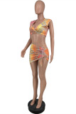 Orange Fashion Sexy Print Vests V Neck Sleeveless Two Pieces