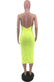 Fluorescent Green Fashion Sexy Solid Backless V Neck Sling Dress