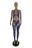 Blue Fashion Sexy Print Hollowed Out Backless Halter Skinny Jumpsuits