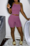 Dark Purple Sexy Casual Solid Backless Spaghetti Strap Sleeveless Two Pieces