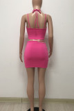 Pink Sexy Solid Hollowed Out Patchwork Frenulum Asymmetrical Collar Sleeveless Two Pieces