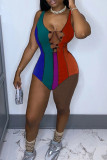 Red Fashion Sexy Patchwork Bandage Hollowed Out U Neck Skinny Bodysuits