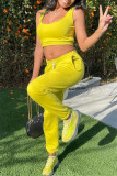 Yellow Casual Sportswear Solid Vests Pants U Neck Sleeveless Two Pieces