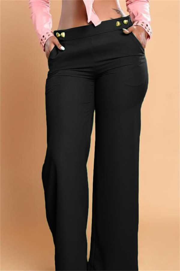 Black Fashion Casual Solid Pocket Regular High Waist Conventional Solid Color Bottoms