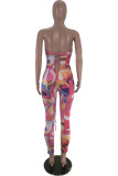 Pink Fashion Sexy Print Backless Strapless Skinny Jumpsuits