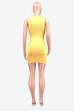 Yellow Fashion Sexy Solid Hollowed Out Strap Design U Neck Vest Dress Dresses