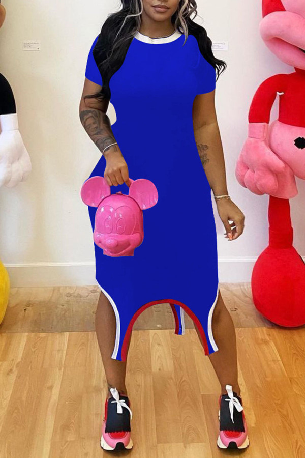 Royal Blue Casual Solid Patchwork O Neck Irregular Dress Dresses