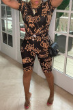Coffee Fashion Casual Print Basic O Neck Short Sleeve Two Pieces