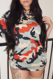 Camouflage Sexy Camouflage Print Patchwork O Neck Pencil Skirt Dresses