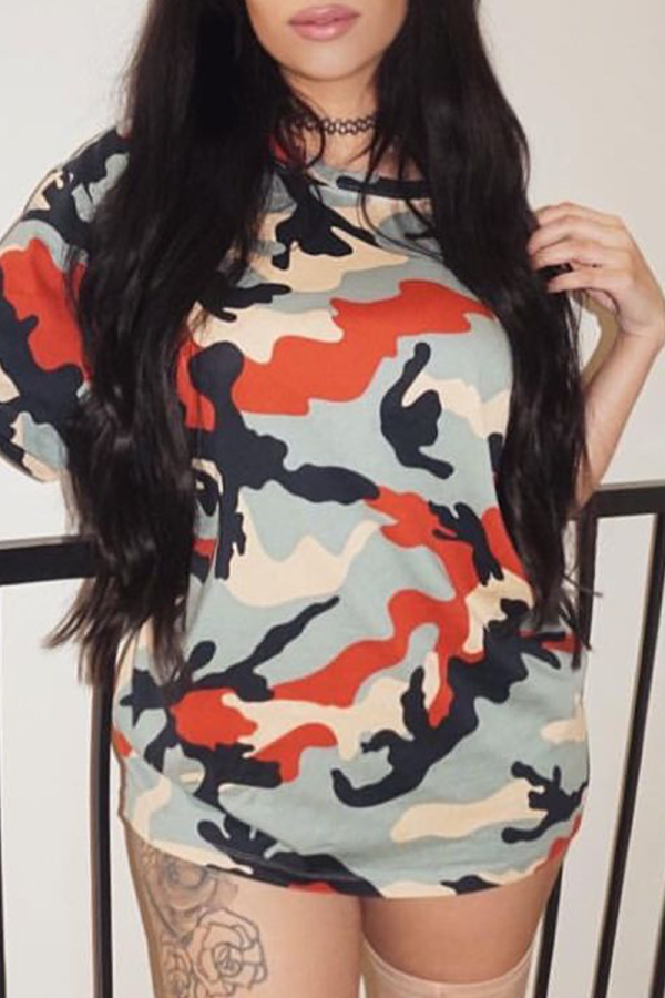 Camouflage Sexy Camouflage Print Patchwork O Neck Pencil Skirt Dresses