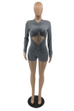 Dark Gray Sexy Casual Solid Hollowed Out O Neck Skinny Romper