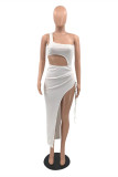 White Fashion Sexy Solid Hollowed Out Backless One Shoulder Sleeveless Dress