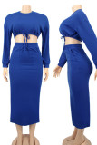 Rose Red Casual Solid Patchwork Frenulum Slit O Neck Long Sleeve Two Pieces