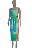 Colour Casual Gradual Change Print Bandage Patchwork U Neck Vest Dress Dresses