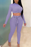 Purple Casual Solid Bandage Split Joint Fold O Neck Long Sleeve Two Pieces