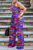 Blue Sexy Print Patchwork Halter Straight Jumpsuits