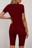 Burgundy Casual Solid O Neck Short Sleeve Two Pieces